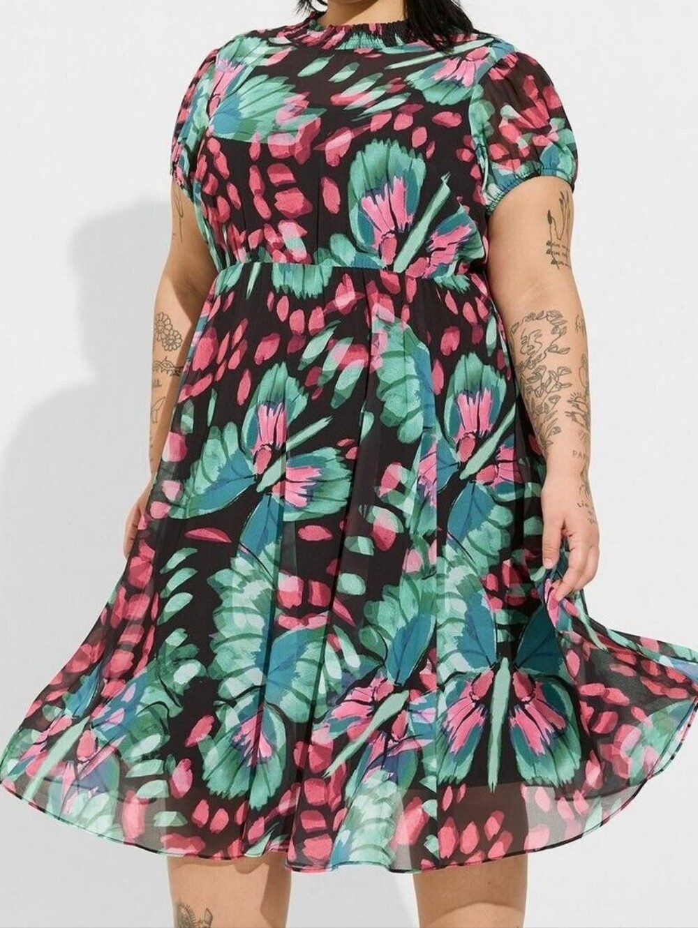 Torrid 0 Midi Chiffon Mock Neck Skater Dress Multi Butterfly Inspired Sz XL